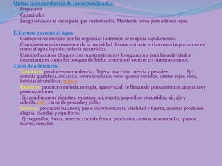 Quitar la dependencia de los subordinados:
 Prepáralos
 Capacítalos
 Luego lánzalos al vacío para que vuelen solos. Mantente cerca pero a la vez lejos.

El tiempo es como el agua:
 Cuando vives movido por las urgencias tu tiempo se evapora rápidamente.
 Cuando estas más consiente de la necesidad de concentrarte en las cosas importantes es
como el agua líquida: todavía escurridiza.
 Cuando hacemos bloques con nuestro tiempo y lo separamos para las actividades
importante es como los bloques de hielo: tenemos el control en nuestras manos.
Tipos de alimentos:
 Tamásicos: producen somnolencia, flojera, inacción, inercia y pesadez. Ej.:
comida guardada, enlatada, sobre cocinado, seco, quesos curados, carnes rojas, vino,
bebidas alcohólicas, tabaco.
 Rajásicos: producen euforia, energía, agresividad, te llenan de pensamientos, angustias y
preocupaciones.
 Ej.: condimentos picantes, mostaza, ají, rocoto, pepinillos encurtidos, ají, ajo y
cebolla, café, carne de pescado y pollo.
 Sátvicos: producen balance y paz e incrementan tu vitalidad y fuerza, además producen
alegría, claridad y equilibrio.
 Ej.: vegetales, frutas, nueces, comida fresca, productos lácteos, mantequilla, quesos
suaves, cereales.
 
