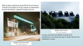 Dans la partie supérieure du profilé de recouvrement
16 buses d’accentuer et d’agir comme la construction
de puits de lumière, captant la lumière du jour.
La peau extérieure qui définit la forme de la
construction, est conçut pour que le musée devient une
installation vivante.
FIG 84: la peau extérieure animée
Source : https://www.pinterest.fr/
FIG 85: les buses de lumière
Source : https://www.pinterest.fr/
 