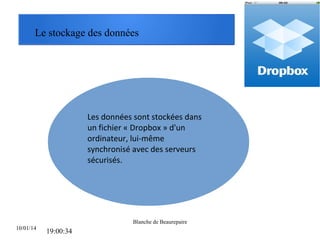 Le stockage des données

Les données sont stockées dans
un fichier « Dropbox » d'un
ordinateur, lui-même
synchronisé avec des serveurs
sécurisés.

Blanche de Beaurepaire
10/01/14

19:00:34

 