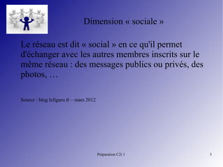 Préparation C2i 1 3
Dimension « sociale »
Le réseau est dit « social » en ce qu'il permet
d'échanger avec les autres membres inscrits sur le
même réseau : des messages publics ou privés, des
photos, …
Source : blog lefigaro.fr – mars 2012
 