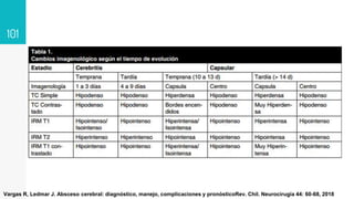 101
Vargas R, Ledmar J. Absceso cerebral: diagnóstico, manejo, complicaciones y pronósticoRev. Chil. Neurocirugía 44: 60-68, 2018
 