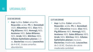 UROANALISIS
(13/10/2018)
▹ Asp: turbia. Color: amarilla.
Reacción: acida. Ph: 6. Densidad:
1025. Albumina: NEG. Gluc NEG.
Pig Biliares: NEG. Hemogl; NEG.
Acetona: NEG. Sales Biliares:
NEG. Urob: NEG. Nitritos: NEG.
Células Epiteliales planas: 1-3
xc. Bacterias: escasa. Leucocitos
de 4-6 XC. Uratos amorfos
abundantes
(17/10/2018)
▹ Asp: turbia. Color: amarilla.
Reacción: acida. Ph: 6. Densidad:
1015. Albumina: trazas. Gluc NEG.
Pig Biliares: NEG. Hemogl; NEG.
Acetona: NEG. Sales Biliares: NEG.
Urob: NEG. Nitritos: NEG. Células
Epiteliales planas: escasas.
Bacterias: moderada. Leucocitos
de 5-10 XC. Oxalato de calcio
moderada cantidad.
16
 