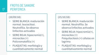 FROTIS DE SANGRE
PERIFERICA
(20/09/18):
▹ SERIE BLANCA: maduración
normal. leucocitosi.
Neutrofilia. Se observa
linfocitos activados
▹ SERIE ROJA: hipocromía(+),
microcitos (+)
Policromatofilia (+)
▹ PLAQUETAS: morfología y
cuantitativamente normal
(25/10/18):
▹ SERIE BLANCA: maduración
normal. Neutrofília. Se
observa linfocitos activados
▹ SERIE ROJA: hipocromía(+),
microcitos (+)
Poiquilocitosis (+) células en
lagrima
▹ PLAQUETAS: morfología y
cuantitativamente normal
17
 