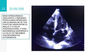 25/09/2018
23
MASA INTRACARDIACA
OSCILANTES, 2 IMÁGENES
PEDICULADAS HIPERCOICA
UNA ALARGADA DE 9X 7 EN
PUNTO DE UNION ENTRE EL
ANILLO Y LA VALVA
POSTEROLATERAL Y OTRA
REDONDEADA ADHERRIDA A
LA VALVA 7X7 MM AMBAS
CON MOVIMIENTOS
AUTONOMICOS
 