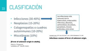 CLASIFICACIÒN
▹ Infecciones (30-40%)
▹ Neoplasias (15-20%)
▹ Colagenopatías o cuadros
autoinmunes (10-20%)
▹ Misceláneas (10%)
33
Las infecciones más
comunes son la
tuberculosis, endocarditis
infecciosa, abscesos,
salmonelosis, brucelosis,
parasitosis, micosis
profundas, entre otras
 