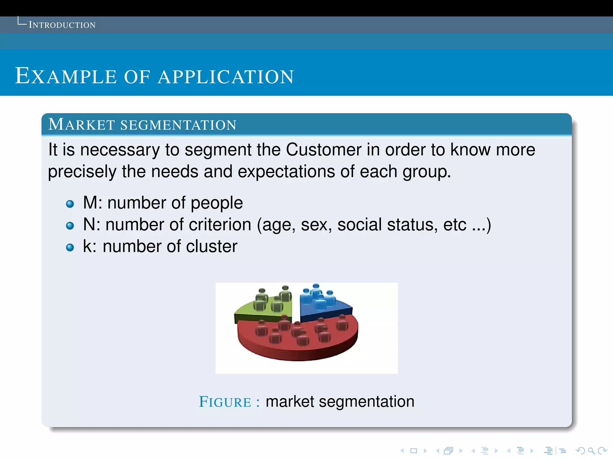 I NTRODUCTION




E XAMPLE OF APPLICATION
    M ARKET SEGMENTATION
    It is necessary to segment the Customer in order to know more
    precisely the needs and expectations of each group.
           M: number of people
           N: number of criterion (age, sex, social status, etc ...)
           k: number of cluster




                           F IGURE : market segmentation
 