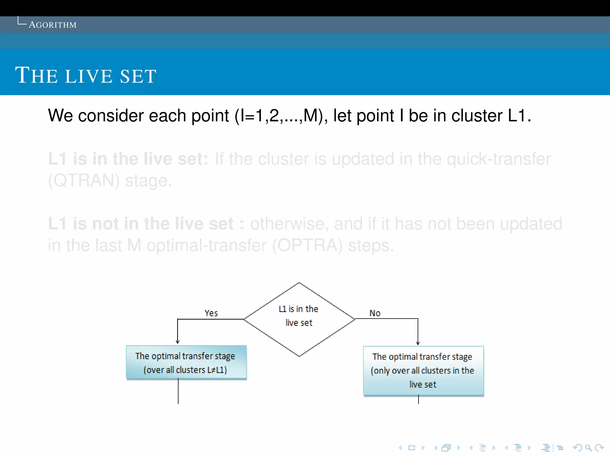 AGORITHM




T HE LIVE SET
    We consider each point (I=1,2,...,M), let point I be in cluster L1.

    L1 is in the live set: If the cluster is updated in the quick-transfer
    (QTRAN) stage.

    L1 is not in the live set : otherwise, and if it has not been updated
    in the last M optimal-transfer (OPTRA) steps.
 
