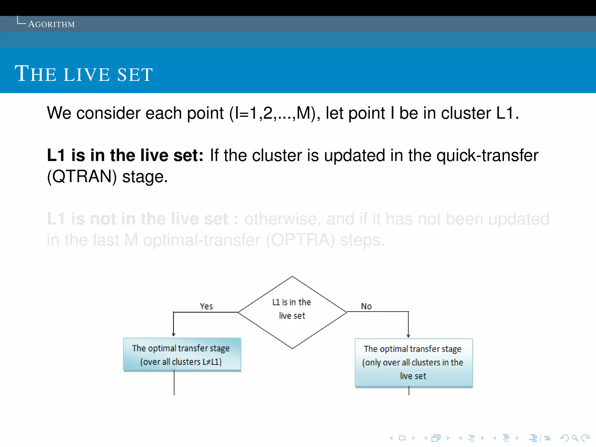 AGORITHM




T HE LIVE SET
    We consider each point (I=1,2,...,M), let point I be in cluster L1.

    L1 is in the live set: If the cluster is updated in the quick-transfer
    (QTRAN) stage.

    L1 is not in the live set : otherwise, and if it has not been updated
    in the last M optimal-transfer (OPTRA) steps.
 