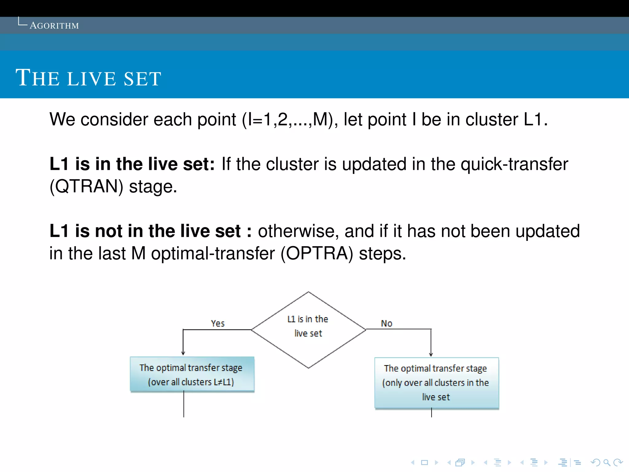 AGORITHM




T HE LIVE SET
    We consider each point (I=1,2,...,M), let point I be in cluster L1.

    L1 is in the live set: If the cluster is updated in the quick-transfer
    (QTRAN) stage.

    L1 is not in the live set : otherwise, and if it has not been updated
    in the last M optimal-transfer (OPTRA) steps.
 
