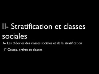II- Stratification et classes
sociales
A- Les théories des classes sociales et de la stratification
1° Castes, ordres et classes

 