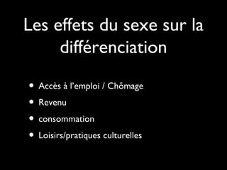 Les effets du sexe sur la
différenciation
• Accès à l’emploi / Chômage
• Revenu
• consommation
• Loisirs/pratiques culturelles
 