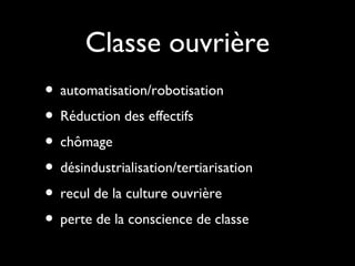 Classe ouvrière
• automatisation/robotisation
• Réduction des effectifs
• chômage
• désindustrialisation/tertiarisation
• recul de la culture ouvrière
• perte de la conscience de classe
 