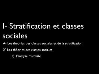 I- Stratification et classes
sociales
A- Les théories des classes sociales et de la stratification
2° Les théories des classes sociales
a) l'analyse marxiste
 