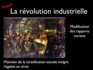 La révolution industrielle
Modification
des rapports
sociaux
Maintien de la stratification sociale malgré
l'égalité en droit
Rappel
 