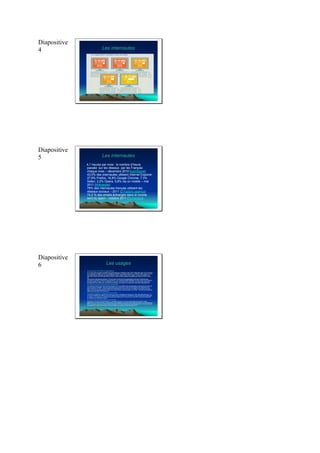 Diapositive
4                                           Les internautes




Diapositive
5                                           Les internautes
                  4,1 heures par mois : le nombre d’heure
                  passée sur les réseaux par les Français
                  chaque mois – décembre 2010 (comScore)
                  43,5% des internautes utilisent Internet Explorer,
                  27,9% Firefox, 16,8% Google Chrome, 7,3%
                  Safari, 2,2% Opera. 5,8% via un mobile – mai
                  2011 (Wikipedia)
                  78% des internautes français utilisent les
                  réseaux sociaux – 2011 (2 Factory agency)
                  74,2 % des emails échangés dans le monde
                  sont du spam – octobre 2011 (Symantec)




Diapositive
6                                                   Les usages
              •   Une connexion via mobile en augmentation
              •   Le PC fixe reste le support privilégié des internautes pour accéder au web. 38% l’utilise alors que 31% ont recours
                  à un ordinateur portable, et 27% à un téléphone portable ou assistant personnel. L’Internet mobile opère en 2010
                  une réelle percée. 38% des internautes déclarent l’avoir utilisé contre 20% en 2008. C’est le cas de 59% des
                  moins de 30 ans et de 25% des plus de 45 ans. Cette nouvelle pratique est facilitée par l’essor du WiFi et de la
                  3G.
                  Avec le boum des réseaux sociaux, 77% des moins de 30 ans ont la spécificité de se servir d’Internet pour
                  converser et accéder à des forums de discussion. Les Français profitent également de leur accès à domicile pour
                  faire des achats en ligne. 53% ont effectué un achat en 2010 contre 35% en 2008. Les biens ainsi acquis sont
                  principalement des vêtements, des billets de transport, des séjours de vacances et des biens d’équipements.
              •   Les réseaux sociaux et forums pour communiquer
              •   Les réseaux sociaux et les forums de discussions se sont installés dans les échanges et deviennent des lieux de
                  communication privilégiés : 65% des internautes sont inscrits sur un site communautaire à fin décembre 2011
                  (plus 6 points en un an). La quasi-totalité des internautes de 18-24 ans ont un compte sur au moins un de ces
                  sites. Les forums de discussions ont aussi leur place dans la communication sur la toile : 19% des internautes les
                  utilisent comme plate-forme d’écriture.
              •   Les vidéos et les jeux en réseaux pour se divertir
              •   Les loisirs numériques se pratiquent de plus en plus et notamment par les jeunes : 82% des internautes de 11 à
                  17 ans ont regardé une vidéo au cours du dernier mois sur Internet (+ 9 points en un an) et près de la moitié joue
                  en réseaux. La musique sur Internet est aussi très prisée par les 18-24 ans qui sont 60% à écouter directement
                  sur Internet leurs morceaux favoris.
              •   La toile, source incontournable avant d’acheter
              •   Aujourd’hui, chercher des informations ou comparer les prix en vue d’un achat passe par Internet. Cette
                  préparation sur la toile touche un large public, les ménagères, les jeunes mais aussi les seniors. Les retraités sont
                  68% à comparer le prix sur Internet avant d’acheter; et près des trois quart des internautes de 18 à 24 ans et des
                  ménagères ont utilisé Internet dans le but de préparer un achat au 4ème trimestre 2011
              •   source : réseaux-télécoms.net
 