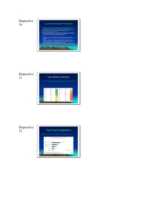 Diapositive
10                             La part d’Internet dans l’économie
                                       d’              l’économie

              Les pratiques des internautes sur la toile évoluent. Internet continue sa progression et occupe
                  désormais une place majeure dans le quotidien des internautes. Préparer ses achats,
                  échanger avec ses proches, Internet s’invite dans toutes les activités de la vie.
              Le rapport Mckinley& Company de Mars 2011, révèle qu’Internet contribue à 60 millions d’euros et à
                  20 % de la croissance, employant plus d’un million de personnes en France
              Pour 2015, Internet devrait générer 5.6 % du PIB.
              Une économie nettement supérieure au transport, à l’énergie et à l’agriculture. A cette contribution
                  s’ajoutent les effets indirects du Web, c’est-à-dire les achats réalisés dans les réseaux physiques
                  de distribution en ligne, estimés à environ 28 milliards d’euros en 2009.
              La France est 17ème sur 34 sur l’OCDE, loin derrière le Royaume Uni.

              Au total, Internet a permis la création d’1,15 millions d’emplois, soit 4,2% de la
                 population active. 28% de ces emplois ont directement été créés par les acteurs de
                 l’Internet.
              Mais Internet a également induit le déplacement de plusieurs emplois : en net 2,4
                 emplois ont été créés pour 1 emploi réalloué. En 2010, la valeur des services gratuits
                 (financés par la publicité) sur Internet est évaluée à 7 milliards d’euros par les
                 internautes français soit 11% des dépenses TIC et média.
              Par ailleurs, Internet a généré 2,5 milliards d’euros d’économie pour le consommateur

              Plus d’information sur www.internet-impact.fr




Diapositive
11                                               Les réseaux sociaux
                                                     ré
              L’Ifop vient de publier le bilan de sa dernière enquête sur les réseaux sociaux au sens large. Cette étude est intéressante car elle ne concerne pas une poignée de sites triés sur le volet, mais
                        35 réseaux sociau x différents. De plus, l’étude étant récente, des sites comme Google+ ont été intégrés. En termes de notoriété, ce dernier devance ainsi déjà MySpace en France et
                                                                     se place déjà en 8e position sur 35, loin devant Badoo, Viadeo, LinkedIn, et Flickr par exemple .




Diapositive
12                                     Top 5 des navigateurs
              Si chrome continue sur ce rythme en 2012, le navigateur de Google pourrait bien dépasser Firefox avant la fin de
                   l’année.
 