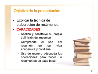 Objetivo de la presentación

• Explicar la técnica de
  elaboración de resúmenes.
• CAPACIDADES
  – Analiza y construye su propia
    definición del resumen
  – Comprende        el  uso   del
    resumen       en    su    vida
    académica y cotidiana.
  – Usa de manera adecuada las
    operaciones para hacer un
    resumen en un texto base.


                                     2
 