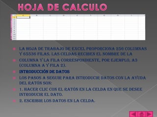    La hoja de trabajo de Excel proporciona 256 columnas
    y 65536 filas. Las celdas reciben el nombre de la
   columna y la fila correspondiente, por ejemplo, A3
    (columna A y fila 2).
   Introducción de datos
   Los pasos a seguir para introducir datos con la ayuda
    del ratón son:
   1. Hacer clic con el ratón en la celda en que se desee
    introducir el dato.
   2. Escribir los datos en la celda.
 