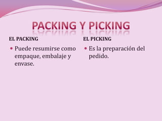 EL PACKING               EL PICKING
 Puede resumirse como    Es la preparación del
  empaque, embalaje y      pedido.
  envase.
 