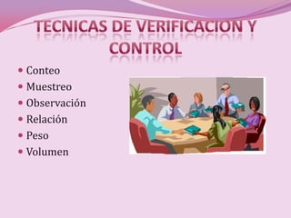  Conteo
 Muestreo
 Observación
 Relación
 Peso
 Volumen
 