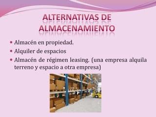  Almacén en propiedad.
 Alquiler de espacios
 Almacén de régimen leasing. (una empresa alquila
  terreno y espacio a otra empresa)
 