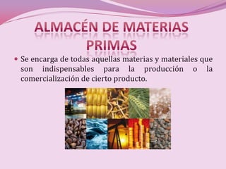  Se encarga de todas aquellas materias y materiales que
 son indispensables para la producción            o   la
 comercialización de cierto producto.
 