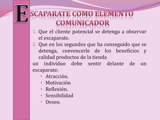 1. Que el cliente potencial se detenga a observar
   el escaparate.
2. Que en los segundos que ha conseguido que se
   detenga, convencerle de los beneficios y
   calidad productos de la tienda
un individuo debe sentir delante de un
escaparate:
    • Atracción.
    • Motivación
    • Reflexión.
    • Sensibilidad
    • Deseo.
 