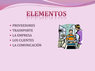  PROVEEDORES
 TRASNPORTE
 LA EMPRESA
 LOS CLIENTES
 LA COMUNICACIÓN
 