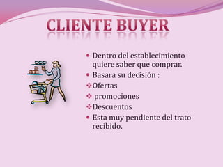  Dentro del establecimiento
  quiere saber que comprar.
 Basara su decisión :
Ofertas
 promociones
Descuentos
 Esta muy pendiente del trato
  recibido.
 