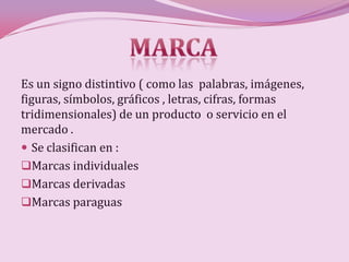Es un signo distintivo ( como las palabras, imágenes,
figuras, símbolos, gráficos , letras, cifras, formas
tridimensionales) de un producto o servicio en el
mercado .
 Se clasifican en :
Marcas individuales
Marcas derivadas
Marcas paraguas
 