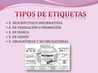    E. DESCRIPCITAS O INFORMATIVAS
   E. DE PERSUACIÓN O PROMOCIÓN
   E. DE MARCA
   E. DE GRADO
   E. OBLIGATORIAS Y NO OBLIGATORIAS.
 