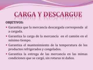 OBJETIVOS:
 Garantiza que la mercancía descargada corresponda al
  a cargada.
 Garantiza la carga de la mercancía en el camión en el
  mínimo tiempo.
 Garantiza el mantenimiento de la temperatura de los
  productos refrigerados y congelados.
 Garantiza la entrega de las mercancía en las mimas
  condiciones que se cargó, sin roturas ni daños.
 