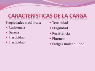 Propiedades mecánicas:    Tenacidad
 Resistencia             Fragilidad
 Dureza                  Resistencia
 Plasticidad             Fluencia
 Elasticidad
                          Fatigas maleabilidad
 