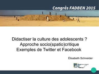 Élisabeth Schneider
Congrès FADBEN 2015
Didactiser la culture des adolescents ?
Approche socio(spatio)critique
Exemples de Twitter et Facebook
 