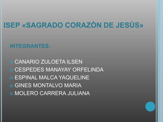 ISEP «SAGRADO CORAZÒN DE JESÙS»
INTEGRANTES:

CANARIO ZULOETA ILSEN
 CESPEDES MANAYAY ORFELINDA
 ESPINAL MALCA YAQUELINE
 GINES MONTALVO MARIA
 MOLERO CARRERA JULIANA


 