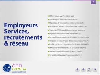 7

Employeurs 
Services,
recrutements
& réseau

•Diffusion	
  de	
  vos	
  opportunités	
  d’emplois	
  
•Assistance	
  pour	
  vos	
  recrutements	
  individuels	
  
•Organisation	
  de	
  vos	
  sessions	
  de	
  recrutements	
  collectifs	
  
•Information	
  et	
  conseil	
  sur	
  les	
  mesures	
  d’aides	
  à	
  l’embauche	
  
•Transfert	
  au	
  CTR	
  des	
  candidatures	
  reçues	
  par	
  vos	
  services	
  
•Réponse	
  qualifiée	
  aux	
  candidatures	
  non	
  retenues	
  
•Participation	
  aux	
  orientations	
  de	
  développement	
  du	
  CTR-­‐OpCa	
  
•Intégration	
  de	
  votre	
  entreprise	
  dans	
  le	
  réseau	
  local	
  du	
  Pays	
  d’Aix	
  
•Possible	
  intervention	
  «	
  expert	
  »	
  dans	
  les	
  réunions	
  du	
  CTR-­‐OpCa	
  
•Définition	
  de	
  vos	
  Profils	
  Spécifiques	
  de	
  Recrutement	
  (PSR)	
  
•Veille	
  active	
  sur	
  les	
  candidatures	
  répondant	
  à	
  vos	
  PSR	
  
•Service	
  Info	
  Call	
  (questions/réponses	
  par	
  téléphone)

 