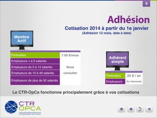 8

Adhésion
Cotisation 2014 à partir du 1e janvier!
(Adhésion 12 mois, date à date)!

Membre !
Actif

Particuliers!

7.00 €/mois

Employeurs < à 5 salariés!
Employeurs de 5 à 14 salariés

Nous

Employeurs de 15 à 49 salariés

consulter

Adhérent
simple

Employeurs de plus de 50 salariés!

Particuliers!

24 € / an

Employeurs

Sur demande

Le CTR-OpCa fonctionne principalement grâce à vos cotisations

 