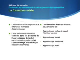 Méthode de formation
Choisissez les méthodes de Cyber-apprentissage appropriées
La formation mixte
 