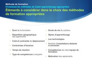 Méthode de formation
Choisissez les méthodes de Cyber-apprentissage appropriées
Éléments à considérer dans le choix des méthodes
de formation appropriées
 