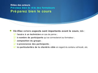 Rôles des acteurs
Pré cisez bien le rô le des formateurs
Pré parez bien le cours




 Vé rifiez certains aspects sont importants avant le cours, tels :
      l'accè s à un technicien en cas de panne ;
      le nombre de participants qui se connecteront au formateur ;
      composition du groupe ;
      la provenance des participants ;
      les particularité s de la clientè le cible en regard du contenu vé hiculé , etc.
 