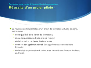 Dé ployez votre projet à l'ensemble de l'organisation
Ré ussite d’un projer pilote




 La ré ussite de l'implantation d'un projet de formation virtuelle dé pend,
   entre autres :
       de la qualité des lieux de formation ;
       des é quipements disponibles requis ;
       de la formation de bons instructeurs ;
       du rô le des gestionnaires des apprenants à la suite de la
        formation ;
       de la mise en place de mé canismes de ré troaction sur les lieux
        de travail.
 