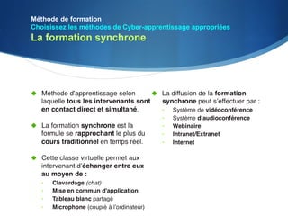 Méthode de formation
Choisissez les méthodes de Cyber-apprentissage appropriées
La formation synchrone
 