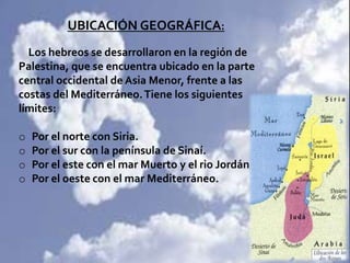 UBICACIÓN GEOGRÁFICA:
  Los hebreos se desarrollaron en la región de
Palestina, que se encuentra ubicado en la parte
central occidental de Asia Menor, frente a las
costas del Mediterráneo. Tiene los siguientes
límites:

o   Por el norte con Siria.
o   Por el sur con la península de Sinaí.
o   Por el este con el mar Muerto y el rio Jordán
o   Por el oeste con el mar Mediterráneo.
 