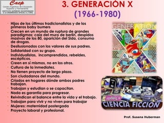 3. GENERACIÓN X
(1966-1980)
• Hijos de los últimos tradicionalistas y de los
primeros baby bumers
• Crecen en un mundo de ruptura de grandes
paradigmas: caía del muro de berlín, despidos
masivos de los 80, aparición del Sida, consumo
de drogas.
• Desilusionados con los valores de sus padres.
• Solidaridad con su grupo.
• Individualistas, incomprendidos, rebeldes,
escépticos.
• Creen en sí mismos, no en los otros.
• Cultura de la inmediatez.
• No tienen proyecto de largo plazo.
• Son ciudadanos del mundo.
• Criados en hogares dónde ambos padres
trabajan.
• Trabajan y estudian o se capacitan.
• Nada es garantía para progresar.
• Reivindican el balance entre la vida y el trabajo.
• Trabajan para vivir y no viven para trabajar
• Mujeres: maternidad postergada
• Proyecto laboral y profesional.
Prof. Susana Huberman
 