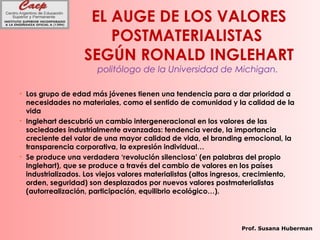 EL AUGE DE LOS VALORES
POSTMATERIALISTAS
SEGÚN RONALD INGLEHART
politólogo de la Universidad de Michigan.
• Los grupo de edad más jóvenes tienen una tendencia para a dar prioridad a
necesidades no materiales, como el sentido de comunidad y la calidad de la
vida
• Inglehart descubrió un cambio intergeneracional en los valores de las
sociedades industrialmente avanzadas: tendencia verde, la importancia
creciente del valor de una mayor calidad de vida, el branding emocional, la
transparencia corporativa, la expresión individual…
• Se produce una verdadera ‘revolución silenciosa’ (en palabras del propio
Inglehart), que se produce a través del cambio de valores en los países
industrializados. Los viejos valores materialistas (altos ingresos, crecimiento,
orden, seguridad) son desplazados por nuevos valores postmaterialistas
(autorrealización, participación, equilibrio ecológico…).
Prof. Susana Huberman
 