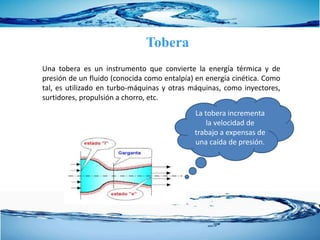 Tobera
Una tobera es un instrumento que convierte la energía térmica y de
presión de un fluido (conocida como entalpía) en energía cinética. Como
tal, es utilizado en turbo-máquinas y otras máquinas, como inyectores,
surtidores, propulsión a chorro, etc.
La tobera incrementa
la velocidad de
trabajo a expensas de
una caída de presión.
 
