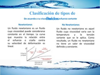 Clasificación de tipos de
fluidosDe acuerdo a su viscosidad y a su esfuerzo cortante
Un fluido newtoniano es un fluido
cuya viscosidad puede considerarse
constante en el tiempo. La curva
que muestra la relación entre
el esfuerzo o cizalla contra
su velocidad de deformación es
lineal.
Newtonianos
Un fluido no newtoniano es aquel
fluido cuya viscosidad varía con la
temperatura y la tensión
cortante que se le aplica. Como
resultado, un fluido no newtoniano
no tiene un valor de viscosidad
definido y constante.
No Newtonianos
 