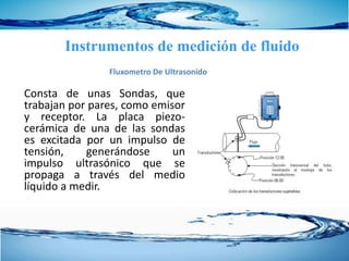 Fluxometro De Ultrasonido
Consta de unas Sondas, que
trabajan por pares, como emisor
y receptor. La placa piezo-
cerámica de una de las sondas
es excitada por un impulso de
tensión, generándose un
impulso ultrasónico que se
propaga a través del medio
líquido a medir.
Instrumentos de medición de fluido
 