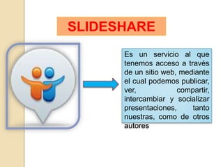 Es un servicio al que
tenemos acceso a través
de un sitio web, mediante
el cual podemos publicar,
ver, compartir,
intercambiar y socializar
presentaciones, tanto
nuestras, como de otros
autores
SLIDESHARE
 