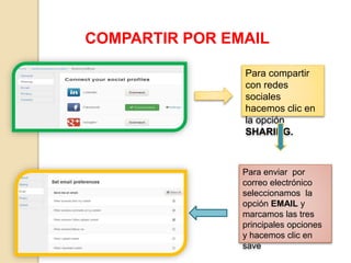 COMPARTIR POR EMAIL
Para compartir
con redes
sociales
hacemos clic en
la opción
SHARING.
Para enviar por
correo electrónico
seleccionamos la
opción EMAIL y
marcamos las tres
principales opciones
y hacemos clic en
save
 